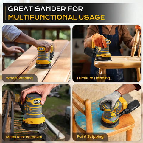 Cordless Palm Sander Tool Only Brushless Motor 5 Inch Random Orbital Sander Compatible With 20v Batteries Packs in use for wood sanding.
