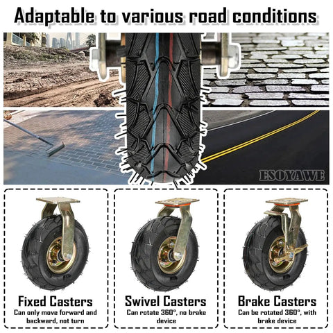 Beefy 8 Inch Swivel Casters With Top Plate And Brake Set Of 4 Pneumatic Rubber Wheels on various road conditions