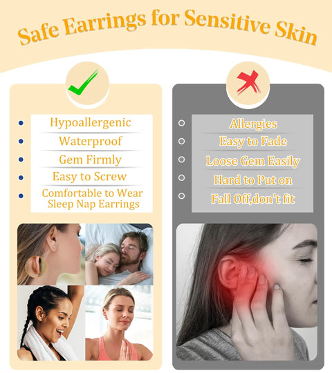 Hypoallergenic Flat Back Stud Earrings For Sensitive Ears Women And Men Surgical Steel 316L Stainless Nickel Free Lead Free No Irritation Allergy Free Rust Resistant Comfortable Everyday Jewelry, ear close-up
