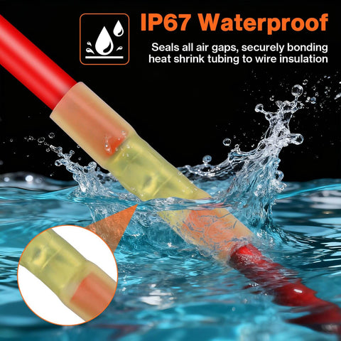 Close-up of waterproof heat shrink connector from Heavy Duty Wire Crimping Tool Kit With Ratcheting Crimper And 200 Pcs Color-Coded Heat Shrink Connectors, 22-10 AWG, submerged in water.
