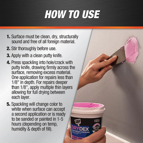 Hand using putty knife to apply Spackling Compound That Goes On Pink And Dries White No Priming Will Not Sink Or Shrink Quick Dry Time Indicator Interior Wall Patch Putty For Cracks And Holes Americas Top Seller DIY Friendly Easy Sanding And Smooth Finish to wall crack