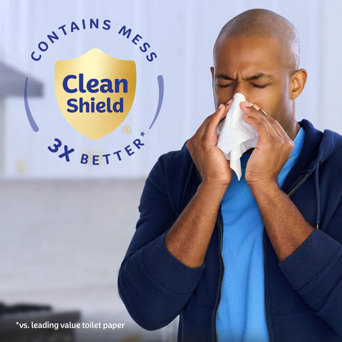 Man using On-The-Go Pocket Pack Facial Tissues 8 Pack Bundle, 3-Ply Tissues With 10 Per Pack, 80 Total, with Clean Shield tech.