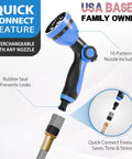 Quick connect 10-pattern nozzle on Heavy Duty Workhorse Wall Mounted Retractable Garden Hose Reel With 50 Ft Reach Half Inch Quick Connect.