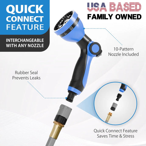 Quick connect 10-pattern nozzle on Heavy Duty Workhorse Wall Mounted Retractable Garden Hose Reel With 50 Ft Reach Half Inch Quick Connect.