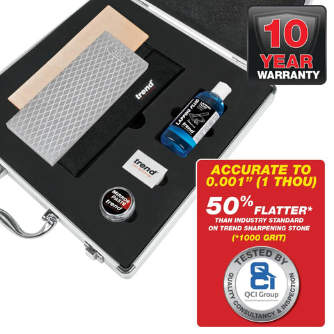 Pro Grade Diamond Sharpening Kit With 300 And 1000 Grit Diamond Bench Stone, accessories, and case with warranty badge visible.