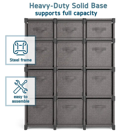 12 Cube Storage Organizer Set With Fabric Cubes And Steel Frame Dope Build Sturdy DIY Cube Shelves For Bedroom Playroom Dorm Or Office Neutral Gray With Included Bins For Easy Clutter Control