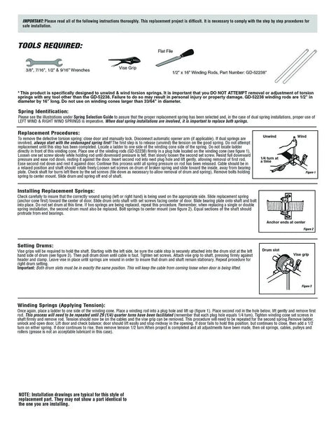 Instruction sheet for installing GD 12235 Garage Door Torsion Spring 0.250 In Wire By 2 In Inside Dimension By 32 In Length Green End