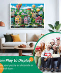Image of a vibrant hot air balloon town puzzle framed on the wall with people celebrating, 300 Piece Jigsaw Puzzle For Adults Colorful Hot Air Balloon Town Interlocking Pieces No Dust Backside Lettering 20.5x15 Inches Perfect Family Game Night Gift For All Ages Chill Vibe.