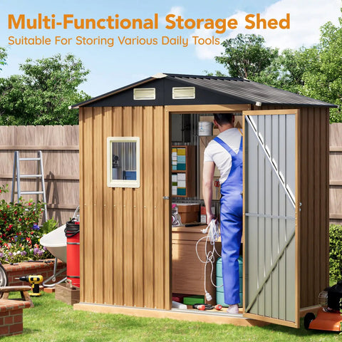 6X4Ft Garden Storage Shed With Lockable Door Steel Tool Shed With Clear Window Anti Corrosion Metal Shed in backyard