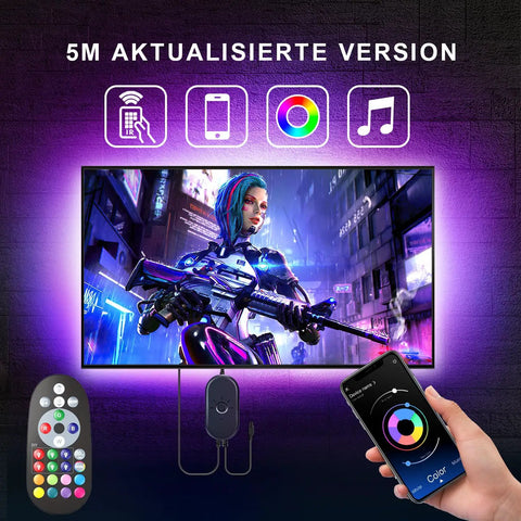 LED TV Backlight Kit 16.4 Feet RGB Strips for 55-75 Inch TV with App Remote and Music Sync in a gaming setup