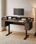 61 Inch Electric Adjustable Standing Desk With Two Smooth Glide Drawers And Latched Storage Cabinet Dual Drip Proof Cup Holders Heavy Duty Steel Frame Quiet Motor in home office setup.
