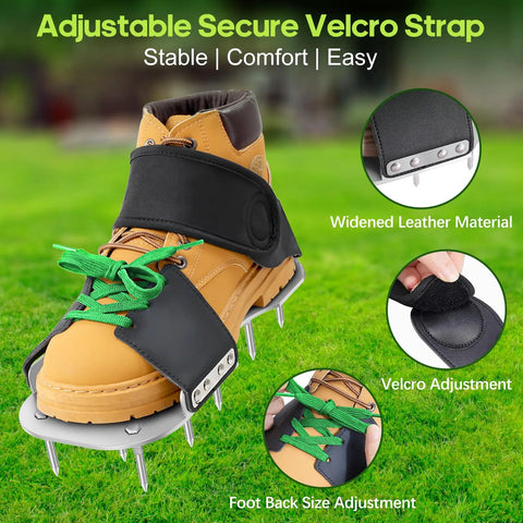 Durable Lawn Aerator Shoes With 3mm Metal Base And Bend Resistant Spikes demonstrated with adjustable straps and secure Velcro.