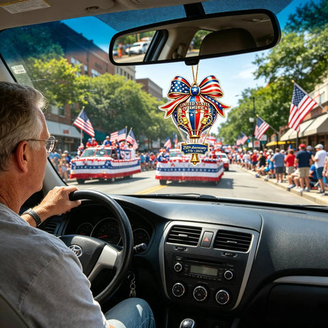 Interior view from car with 250th Anniversary Acrylic Ornament With American Flag Stars And Stripes Design For Semiquincentennial Celebration