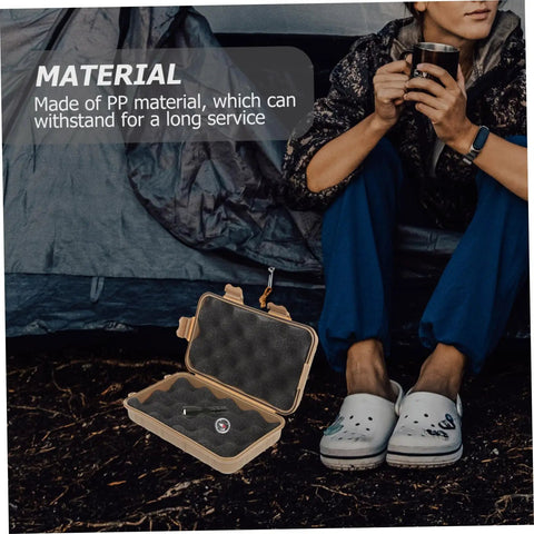 2 Pack Shockproof Storage Case For Outdoor Camping And Hiking showing khaki PP case with black interior next to person camping