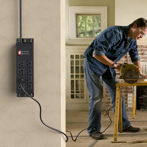 Heavy Duty Surge Protector Power Strip With Eight Outlets 20 Amp 12 Gauge Metal Industrial Bar in garage workshop scene