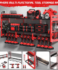 56.7 Inch Wide Beefy Heavy Duty Power Tool Organizer Wall Mount With Charging Station Three Tier Metal Rack Holds Twelve Drills And Six Foot Power Strip For Garage Workshop Storage Industrial Grade Metal Construction
