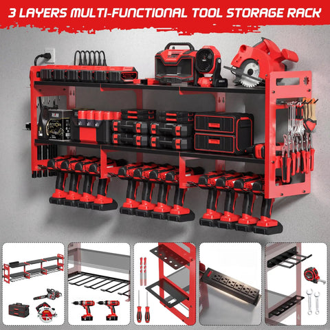 56.7 Inch Wide Beefy Heavy Duty Power Tool Organizer Wall Mount With Charging Station Three Tier Metal Rack Holds Twelve Drills And Six Foot Power Strip For Garage Workshop Storage Industrial Grade Metal Construction