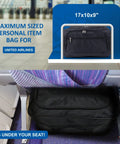 Underseat Carry On Duffle Bag That Fits United Airlines 17x10x9 Rule, 28L Capacity in flight under-seat storage view, compact black