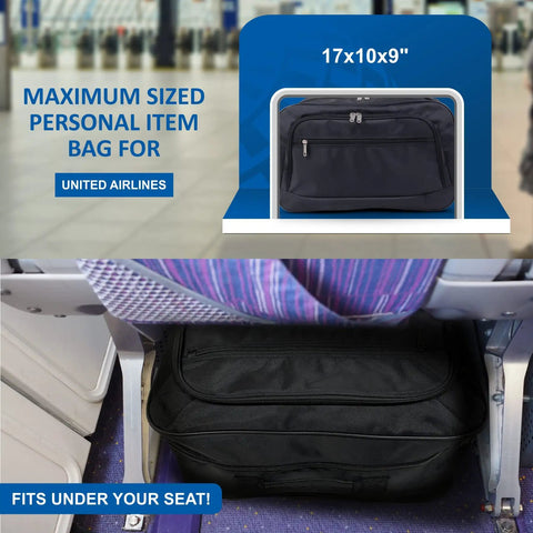 Underseat Carry On Duffle Bag That Fits United Airlines 17x10x9 Rule, 28L Capacity in flight under-seat storage view, compact black