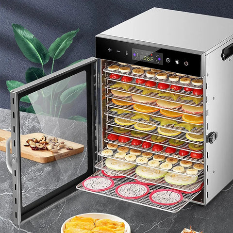 Commercial Freeze Dryer And Electric Food Dehydrator For Fruits Vegetables Meat And Seafood Stainless Steel Build, 10 layered trays with fruits.