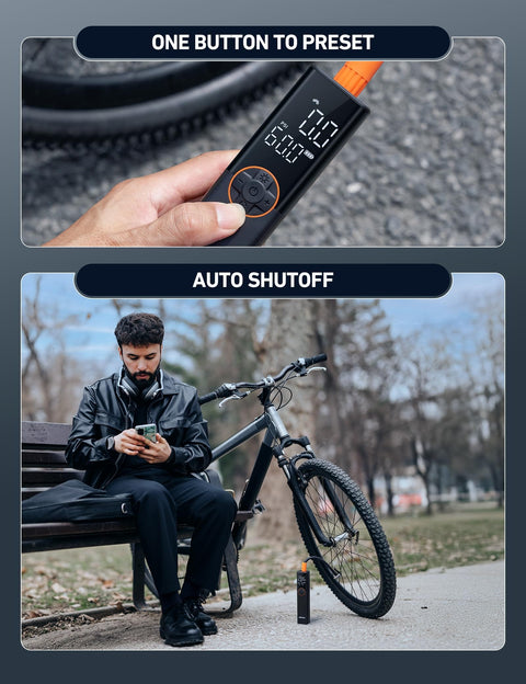 Man sitting by bike using L8 Electric Bike Pump Portable Tire Inflator With Pressure Gauge Auto Shut Off 150 PSI Fast Inflation Rechargeable USB C