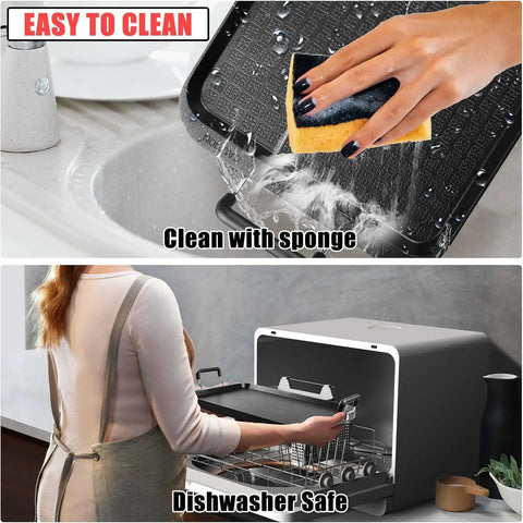 17 Inch Stove Top Griddle For Gas Stoves With Warp Resistant Nonstick Surface, cleaning by hand and in dishwasher.