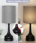 Touch Bedside Lamps Set Of 2 With Dual USB Ports, Nightstand Table Lamps For Bedroom And Living Room, Gray Fabric Shade And Black Vase Base