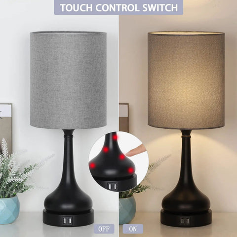 Touch Bedside Lamps Set Of 2 With Dual USB Ports, Nightstand Table Lamps For Bedroom And Living Room, Gray Fabric Shade And Black Vase Base