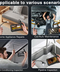 Borescope Inspection Camera With Light For Hard To Reach Areas 4.3 Inch HD Display showing diverse uses in home and automotive