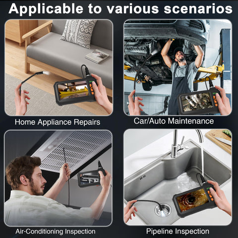 Borescope Inspection Camera With Light For Hard To Reach Areas 4.3 Inch HD Display showing diverse uses in home and automotive