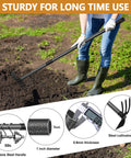 Gardener using All In One Garden Hoe And Cultivator Tool 2 In 1 Heavy Duty Dual Head With 45 Inch Adjustable Long Handle