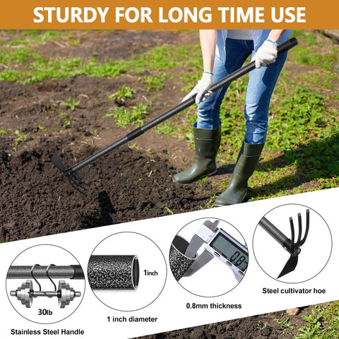 Gardener using All In One Garden Hoe And Cultivator Tool 2 In 1 Heavy Duty Dual Head With 45 Inch Adjustable Long Handle