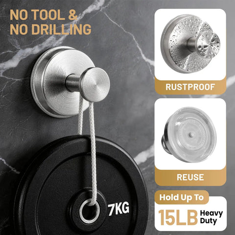 Close-up of Heavy Duty Suction Cup Hooks for Bathroom, 15 LB grip brushed nickel, no drill setup on tile wall.