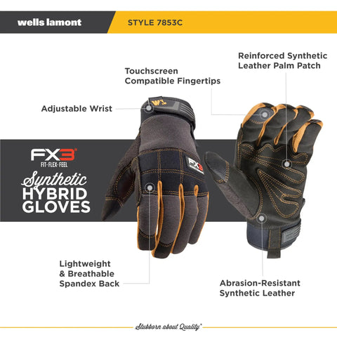 FX3 Men's Work Gloves With Dexterity And Synthetic Leather Palm Reinforced Fingertips Stretch Spandex Back Touchscreen Ready All Purpose Use Ergonomic Fit Black X Large, front and back view