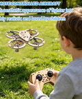 Child using DIY Wooden RC Drone Kit Snap Together Flying Quadcopter For Beginners No Glue Required Build Your Own Remote Control Aircraft And Learn Flight Basics With Wooden Building Blocks outdoors.