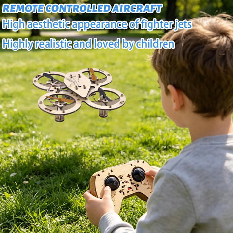 Child using DIY Wooden RC Drone Kit Snap Together Flying Quadcopter For Beginners No Glue Required Build Your Own Remote Control Aircraft And Learn Flight Basics With Wooden Building Blocks outdoors.