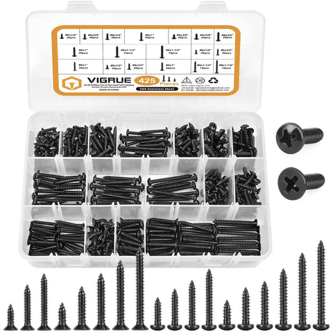 Ultimate Black Oxide 304 Stainless Steel Wood Screws Set With Pan Head And Flat Head Phillips Drive Self Tapping Assortment Kit