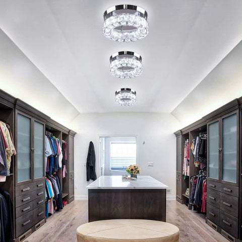Crystal Flush Mount Ceiling Light With Oversized 30x50 mm K9 Crystals And Stainless Steel Finish LED Round Mini Chandelier in closet