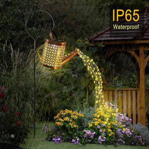 Solar Garden Watering Can With Lights in rain, outdoor hanging lanterns looking like real water, waterproof patio decor.