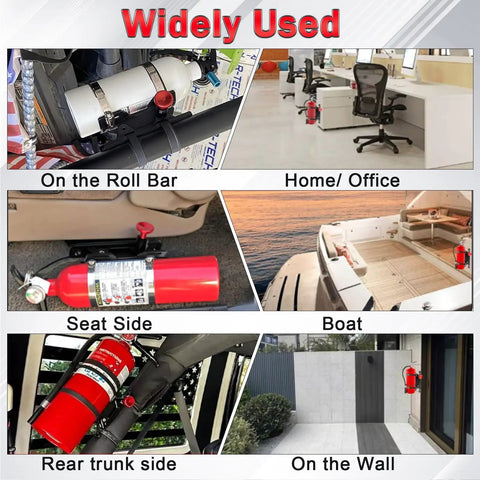 Quick Release Fire Extinguisher Mount Bracket For Jeep Wrangler TJ JK JL JKU And Universal UTV Roll Bar Aluminum Adjustable Holder For Polaris RZR Ranger Can Am X3 Off Road Ready shown in multiple uses: roll bar, home, boat, wall.