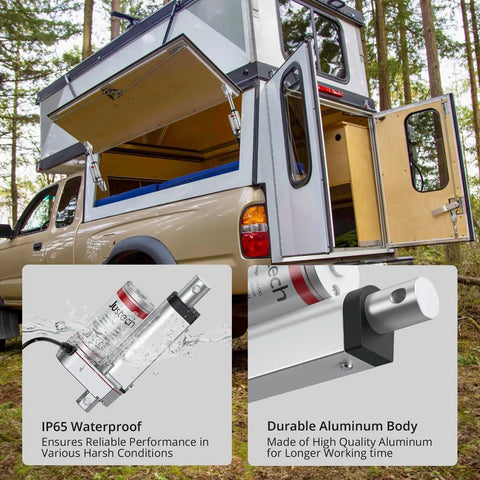 Heavy Duty 12V DC Electric Linear Actuator Cranks Out 225 Lbs Of Smooth Push Power With A Precise Two Inch Stroke mounted on camper.