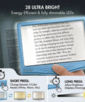 5X Rechargeable LED Page Magnifier With Large 4.5 By 7 Inch Viewing Area Anti Glare Lens and 3 color light modes in use over text.