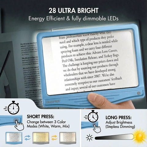 5X Rechargeable LED Page Magnifier With Large 4.5 By 7 Inch Viewing Area Anti Glare Lens and 3 color light modes in use over text.