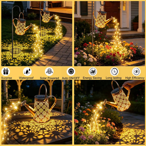 Solar Watering Can Lights, Large Retro Metal Hanging Outdoor LED Decor illuminating garden with warm white glow at night.