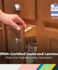 A parent installing Bulletproof Spring Loaded Cabinet And Drawer Latches 10 Pack White Baby Proofing Essentials on wooden cabinets.