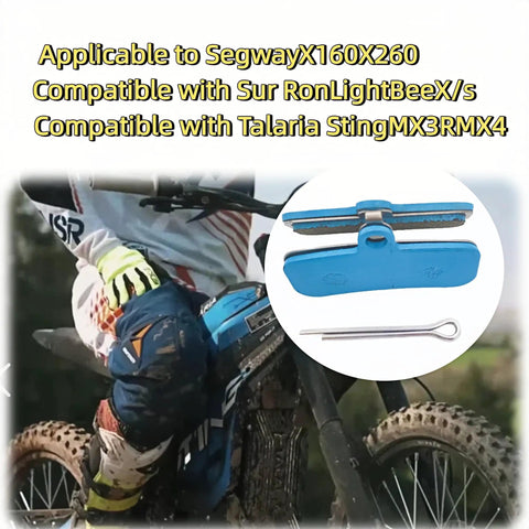 Blue 4 Pack Disc Brake Pads for Surron Segway Talaria Dirt Bikes in Use and Close-Up Detail