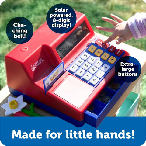 Pretend And Play Calculator Cash Register Toy For Kids And Toddlers With Solar Powered Calculator Cash Drawer Play Money And Credit Card Set For Shopping Store Playset Educational Preschool Math Fun, red and blue with extra-large buttons and solar panel.