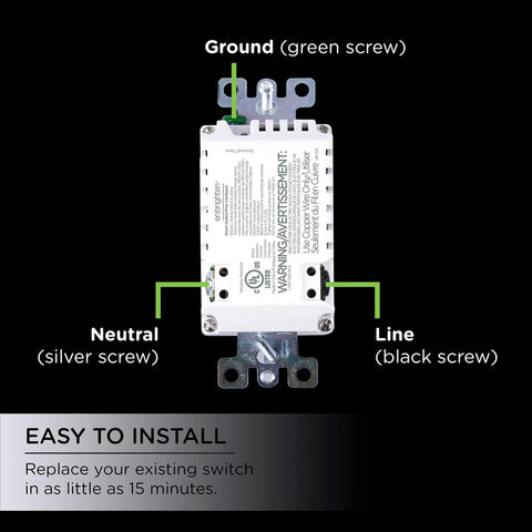 Z Wave Smart Receptacle Outlet with Alexa and Google Assistant support, front view showing ground, neutral, and line terminals.