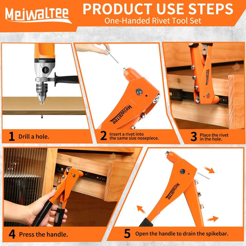 Heavy Duty Professional Rivet Gun Kit With 200 Aluminum Pop Rivets And 4 Drill Bits, step-by-step use guide with one-handed tool.