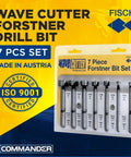 Wave Cutter Forstner Bit Set 7-Piece for Woodworking with Splinter-Free Cutting and Pro Grade Drills One Quarter Inch To One Inch Diameter Durable Forged Steel Bits Includes Blister Pack
